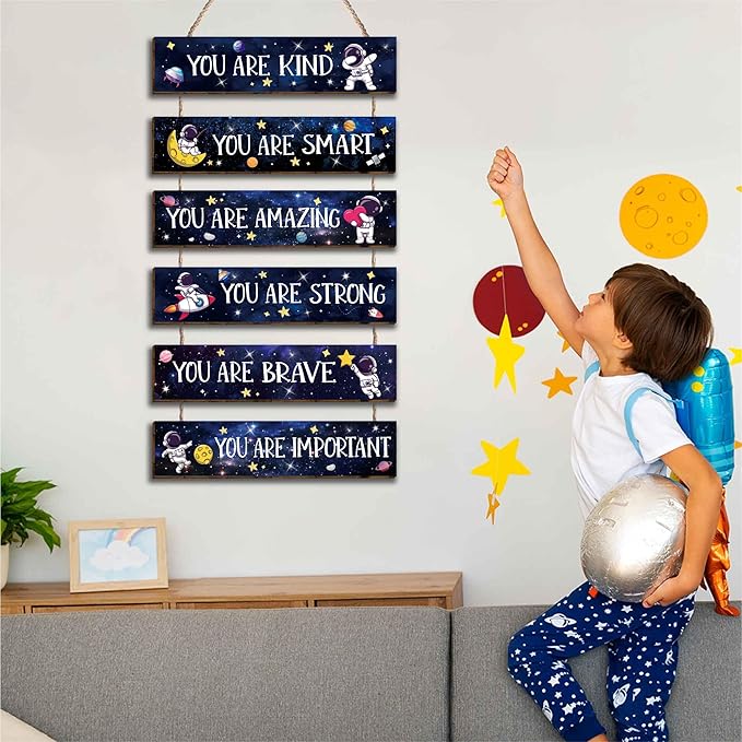 6 Pcs Space Astronaut Inspirational Quotes Kids Room Decor, Outer Space Posters Motivational Hanging Plaque Sign for Boys Kids Playroom Classroom Teens Children Bedroom Princess Toddler