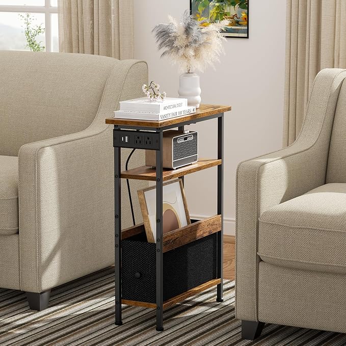 Narrow Side Table with Charging Station and LED Light, End Table with 1 Fabric Drawer, Skinny Nightstand with USB Ports & Type-C, Slim Bedside Table for Bedroom, Living Room, Rustic Brown