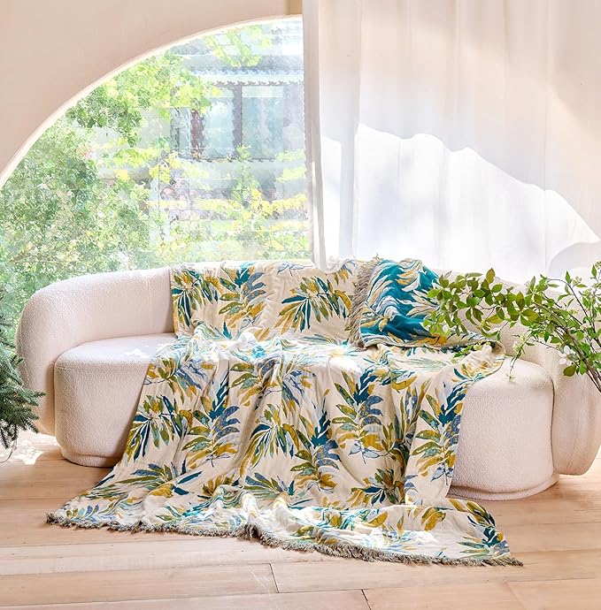 Boho Throw Blanket - 100% Cotton Throw Blankets for Bed Couch, 50"x60" Soft Muslin Lightweight Spring Throw Blanket, Cozy Plant Printed Bohemain Bedding Decor Green Throw Quilt