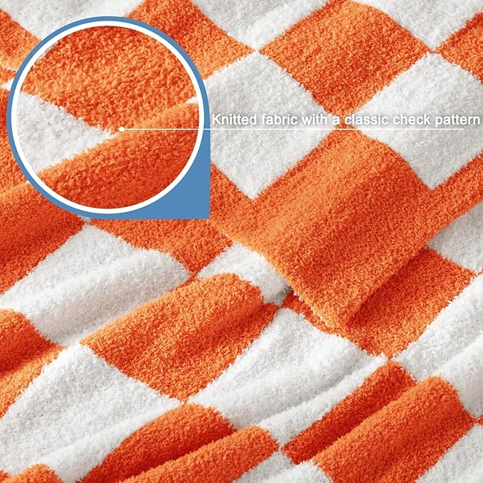 Whale Flotilla Checkered Knit Throw Blanket, Ultra Soft Warm Reversible Cozy Decorative Blankets for Couch Sofa and Bed, 50x60 Inch, Orange