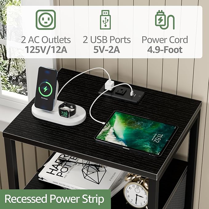 BOLUO Black Night Stand with 3 Fabric Drawers, Nightstand with Charging Station LED Nightstand for Bedroom, Bedside Table with USB Ports and Outlets Modern