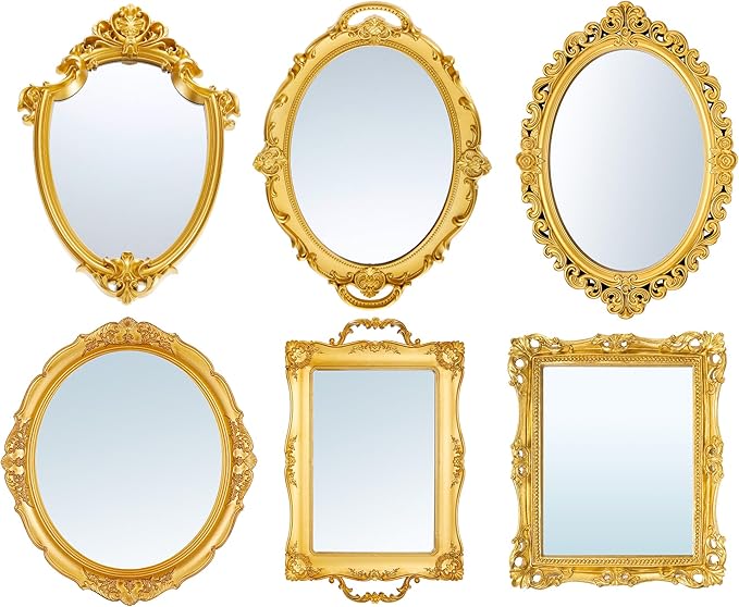 6 Pcs Vintage Gold Mirrors Set Including Small Oval Wall Mirror Antique Shield Shape Square Decorative Mirror Dresser Mirrored Tray for Bedroom Wedding Victorian Decor (Classic,Gold)