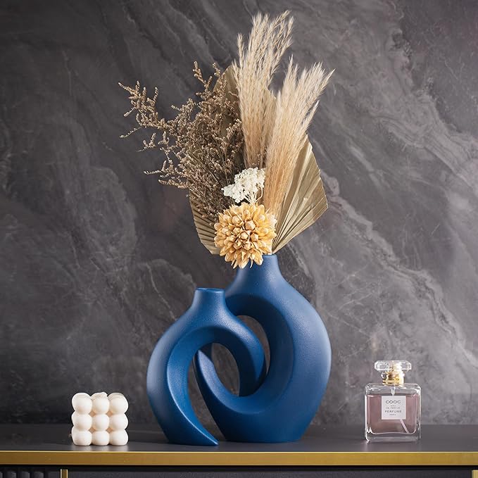 Liotww Snuggle Hollow Ceramic Vase Set of 2, 8.4 Inch Hug Donut Modern Nordic Boho Style Vases for Home Decor Anthropologie Aesthetic Living Room Shelf Coffee Table Decorative (Navy Blue)