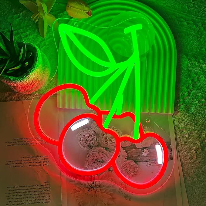 Cherry Neon Sign Cute Red Green Cherries LED Neon Light for Wall Decor Dimmable USB Fruit Light Up Sign for Boys Girls Room Restaurant Birthday Party bar Fruits Shop Decorations