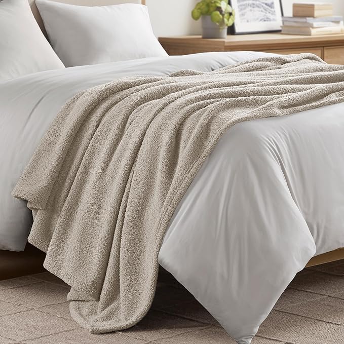 Madison Park Fuzzy Knit Blanket Dream Soft Blanket Cozy Breathable Cover Luxrurious Feathersoft Feel, All Seasons Lightweight Bedding for Summer Cover for Bed, Couch & Sofa, Twin, Taupe