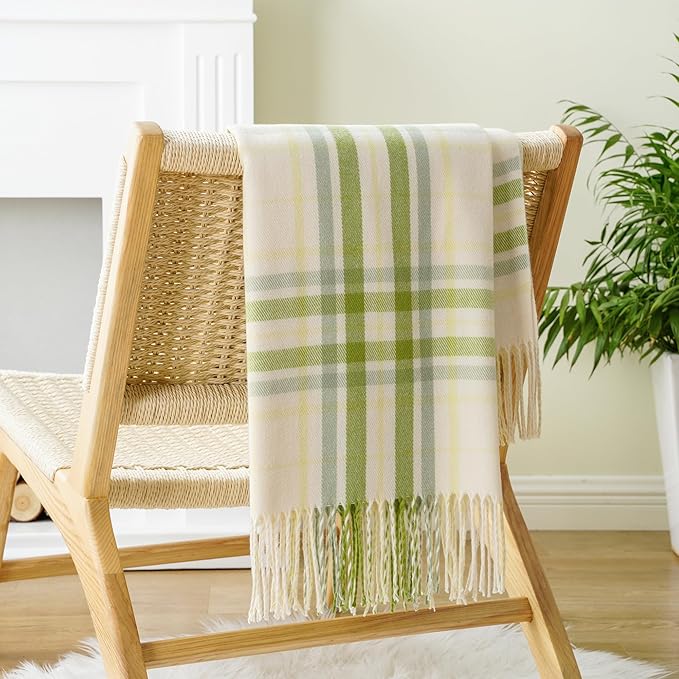 BATTILO HOME Spring Summer Plaid Throw Blanket for Couch Bed, Decorative White Green Stripe Blanket Throw Farmhouse Throw Blankets, Buffalo Checkered Plaid Blankets and Throws for Home Decor