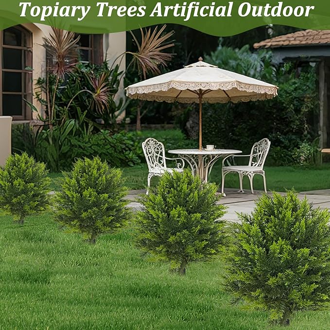 2 Pack 24”Artificial Topiary Ball Tree with Spike Soft Cypress Realistic Faux Cedar Pines Spring Trees UV Rated Fake Shrubs for Spring Pot Fillers Front Door Porch Indoor Outdoor Decor