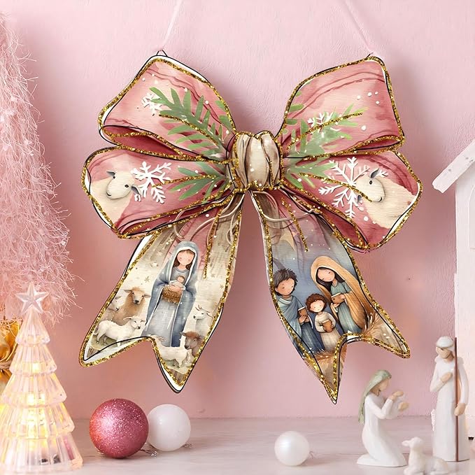RattanView Jesus Christmas Bow Wooden Hanging Sign Coquette Bow Wall Hanging Nativity Scene Wall Art Bowknot Welcome Door Sign Decor for Room College Dorm Apartment Indoor Outdoor Porch