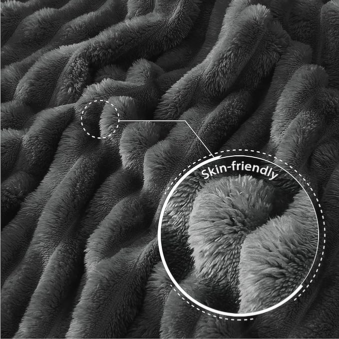 Exclusivo Mezcla Fleece Throw Blanket for Couch, Super Soft Striped Jacquard Bed Blanket, Lightweight Fuzzy Cozy for All Seasons, 50x60 Inches, Dark Grey