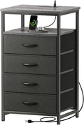 Huuger Night Stand with Charging Station, 4 Drawer Dresser for Bedroom, Bedside Table, 33.9 Inch Tall Nightstand with Open Shelf, End Table, for Closet, Entryway, Bedroooom, Gray