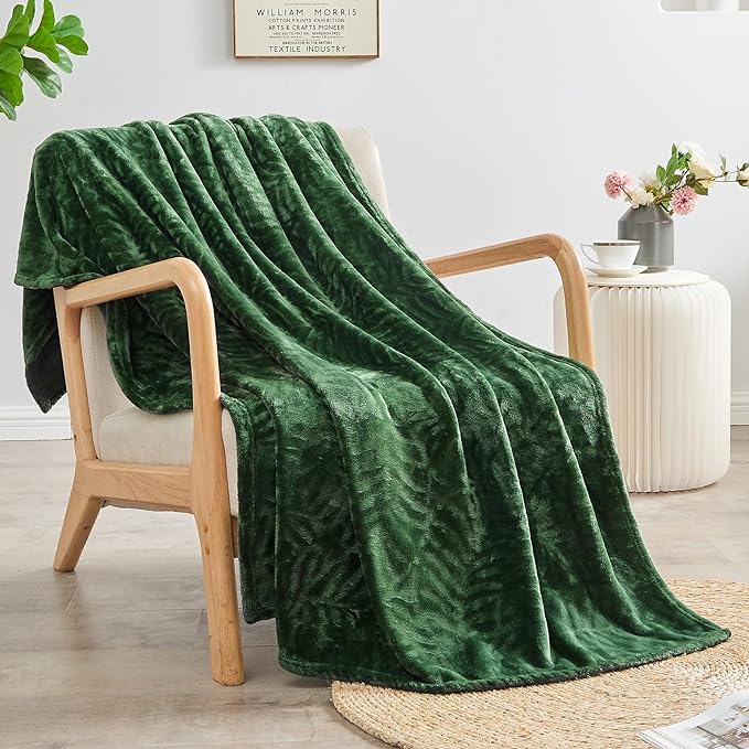 SOCHOW Super Soft Flannel Fleece Throw Blanket, Lightweight Cozy Warm Leaves Textured Plush Blanket for Bed Couch Sofa, 50 x 60 Inches, Olive Green