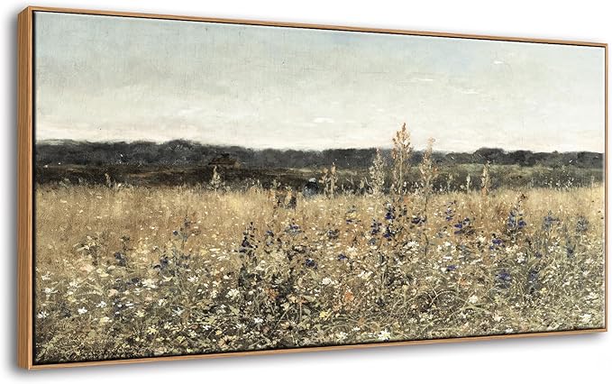 DJSYLIFE Framed Vintage Wall Art, Extra Large Wildflower Fields Canvas Wall Art, Classical Flowers Landscape Painting Prints, Country Farmhouse Living Room Decor, Modern Home Bedroom Decor 24x48inch