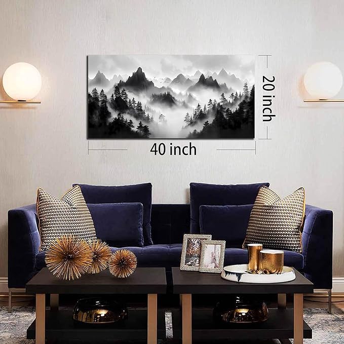 Black and White Forest Wall Art for Living Room - Natural Landscape Canvas Wall Art for Office - Bedroom Signs Wall Decor Above Bed Size 20" x 40"
