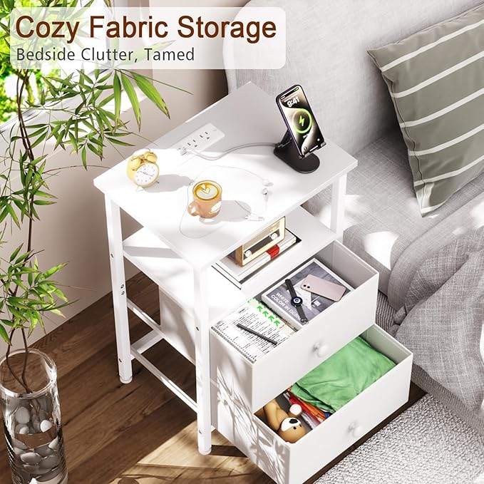 Night Stand with Charging Station, Small Bedside Table with 2 Fabric Drawers, Nightstand with USB Ports & Outlets for Bedroom, Living Room, White, HETS020WT-1