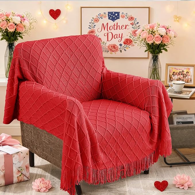inhand Red Knitted Throw Blanket for Couch Bed, Mothers Day/Mom Birthday Gifts for Mom from Daughter Son, Soft Lightweight with Tassels, Farmhouse Warm Decorative Blanket for Women, 60"x80"