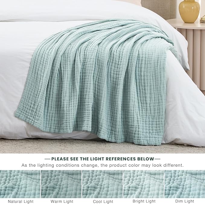 Love's cabin 100% Cotton Muslin Blanket, 6 Layer Lightweight Breathable Gauze Twin Size Blanket 60 x 80 Inches, Soft Summer Blanket for Bed or Couch, Cyan