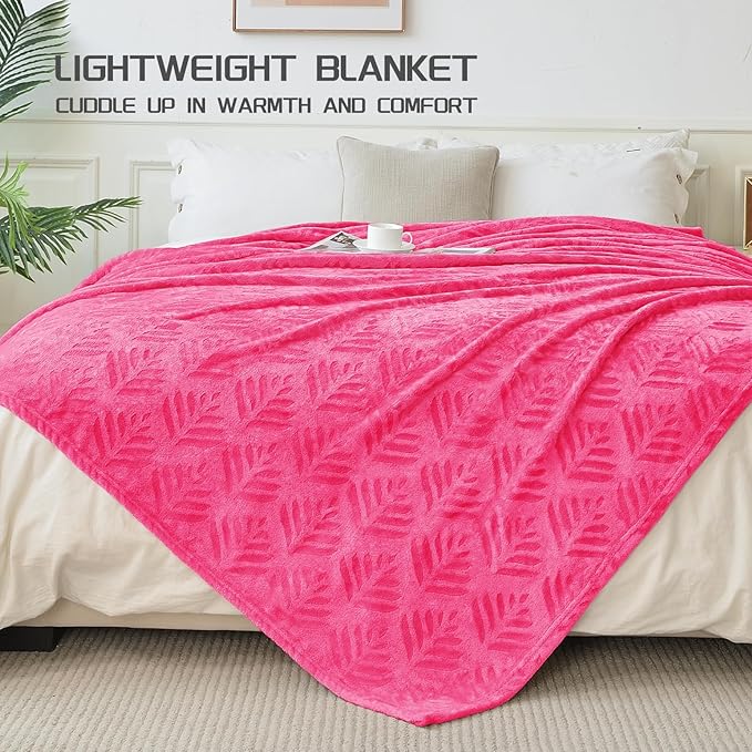 Exclusivo Mezcla Twin Size Fleece Blanket for Bed, Super Soft and Cozy Blankets All Season Use, Leaves Pattern, Plush Fuzzy Lightweight, Hot Pink, 60x80 Inch