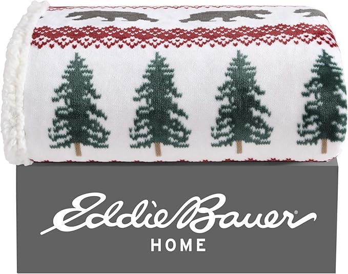 Eddie Bauer - Throw Blanket, Brushed Fleece & Plush Sherpa Bedding, Blanket for Couch & Bed (Grizzly Peak Red, 50" x 60")