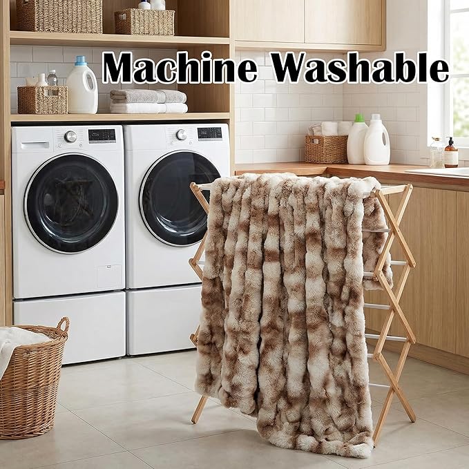 Luxury Double-Sided Faux Fur Throw Blanket for Couch, Camel Cozy Fluffy Bubble Blanket for Airplane RV Car Road Trip Spring Camping Travel Office Nap Home Bed, Machine Washable, 50" x 60"