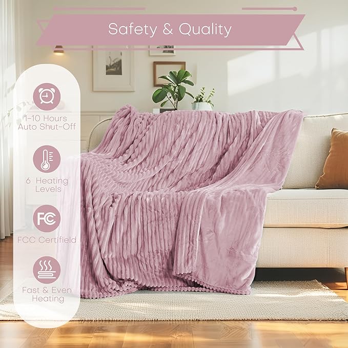 Electric Heated Blanket Twin Size 62"x84" with Cozy Flannel, 6 Heat Settings & 10 Hours Auto Off, Soft & Cozy Warming Throw for Home, Office, or Bed, Machine Washable, Pink