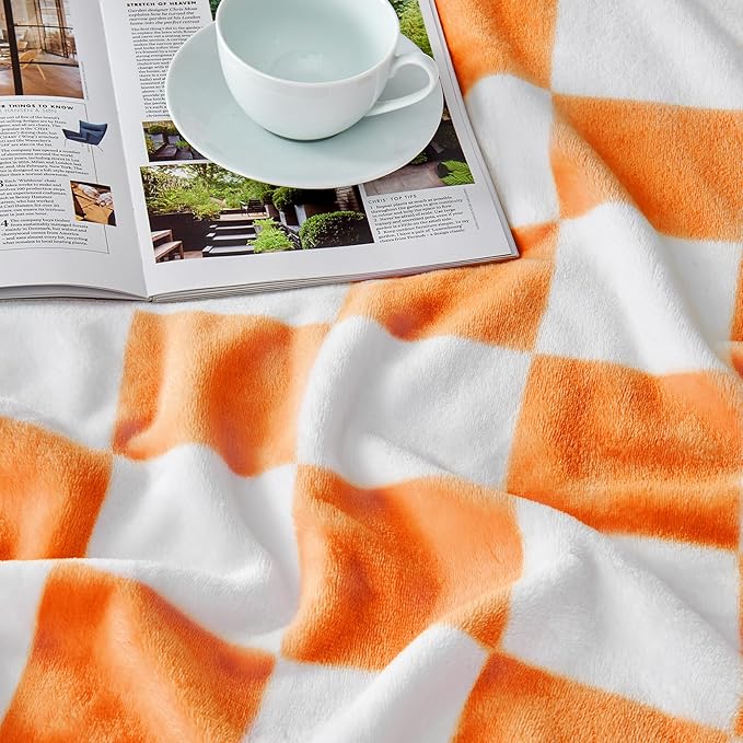 Orange Checkered Blanket, Soft Cozy Fleece Checkered Throw Blankets for Bed Sofa Couch Camping, Ultra Fluffy Throws for All Seasons, 60x80 Inch, Orange