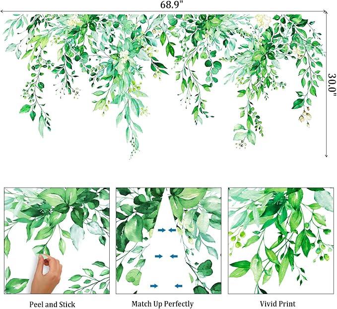 Emerald Green Plants Leaves Wall Decals Peel and Stick, Large Floral Flowers Vinyl Wall Stickers, Removable Vine Home Decor Art for Bedroom Living Room Classroom Office