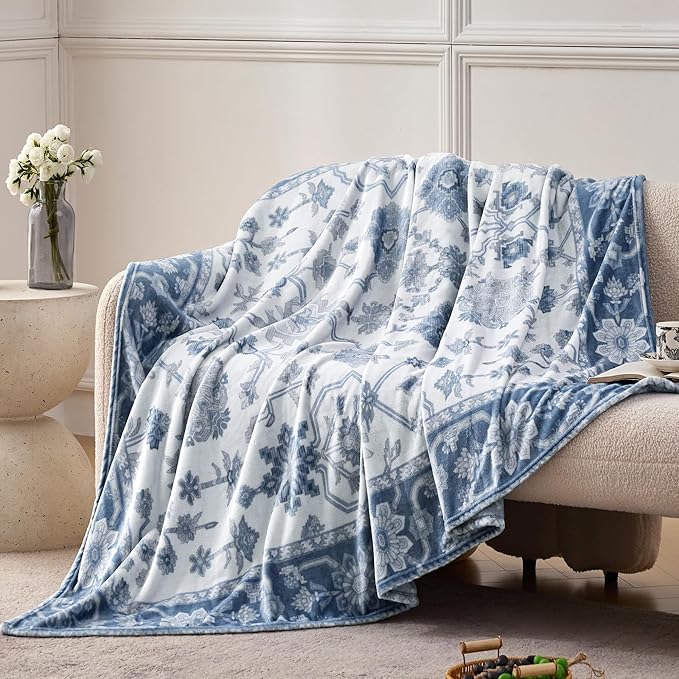 Garden Print Blanket Fleece Throw for Bed Sofa Travel and Camping, Super Soft Cozy Fluffy Plush Garden Print Blanket for All Seasons 60"x80" Navy Blue