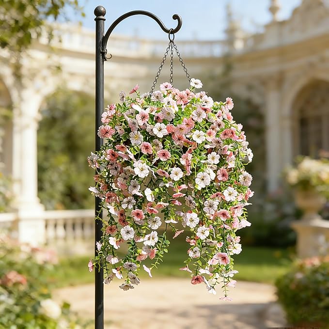 Artificial Flowers for Outdoors Spring Decor, 6 Bundles UV Resistant Realistic Fuax Silk Hanging Flowers, Fake Plants for Planter Indoor Outside Garden Porch Patio Balcony Yard (Pink White)