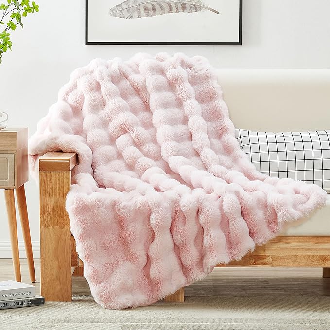 JONIYEAR Decorative Large Soft Bubble Faux Rabbit Fur Bed Blanket Queen Size 80" x 90",Reversible Thick Cozy Accent Warm Furry Blanket for Winter,Lovely Cute Big Shaggy Fuzzy Blankets for Women, Pink