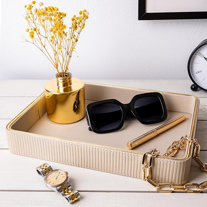 ZHEM Women Perfume Tray Valet Tray NightStand Bedside Organizer| Perfume Organizer Holder| Decorative Perfume Trays| Leather Vanity Tray Catchall Trinket Tray (Beige 8"x11"x1.75")