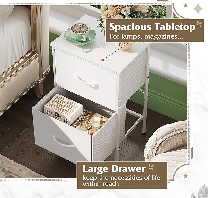 WLIVE White Night Stand, Small Dresser with 2 Drawers & Wooden Top, Nightstand with Fabric Bins, Bedside Table End Table for Bedroom, Closet, Entryway, College Dorm, White