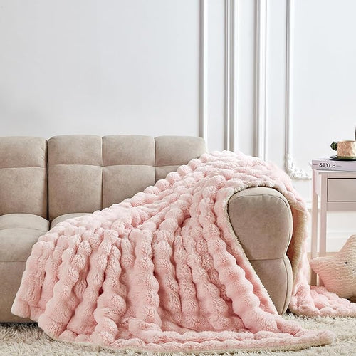 50x60 Inches Ultra-Soft Fuzzy Faux Fur Plush Throw Blanket - Thick, Warm Sherpa for Couch, Sofa, Bedroom, Camping - Decorative Blanket for Cozy Warmth, Bubble Pink