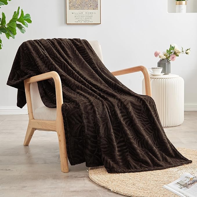 SOCHOW Super Soft Flannel Fleece Throw Blanket, Lightweight Cozy Warm Leaves Textured Plush Blanket for Bed Couch Sofa, 50 x 60 Inches, Brown