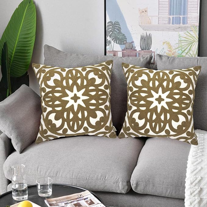 Alysheer Embroidered Summer Decorative Throw Pillow Covers 18"x18" Set of 2, Classic Boho Mandala Green Pattern Cotton Canvas Chic Cushion Cases for Sofa Couch Bed Living Room Decor (Taupe Khaki)