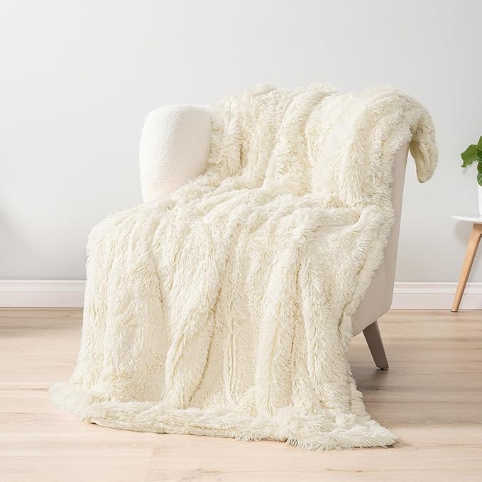 Pavilia Cream Beige Fluffy Bed Blanket, Queen Size, Fuzzy Plush Warm Large Blanket for Couch Sofa, Super Soft Thick Faux Fur Sherpa Blanket, 90x90