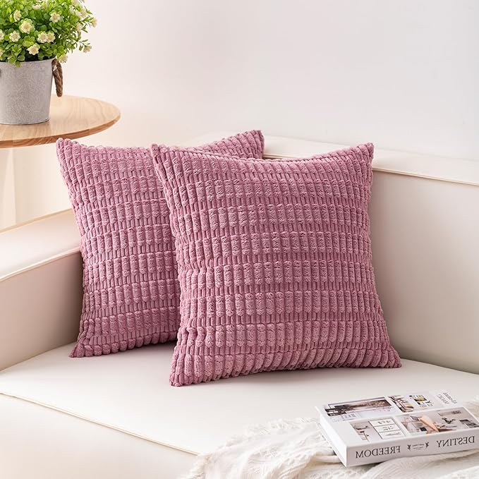 Aegero Pack of 2 Corduroy Decorative Throw Pillow Covers 16x16 Inch Soft Striped Pillow Covers Modern Farmhouse Home Decor for Sofa Living Room Couch Bed（Pink）