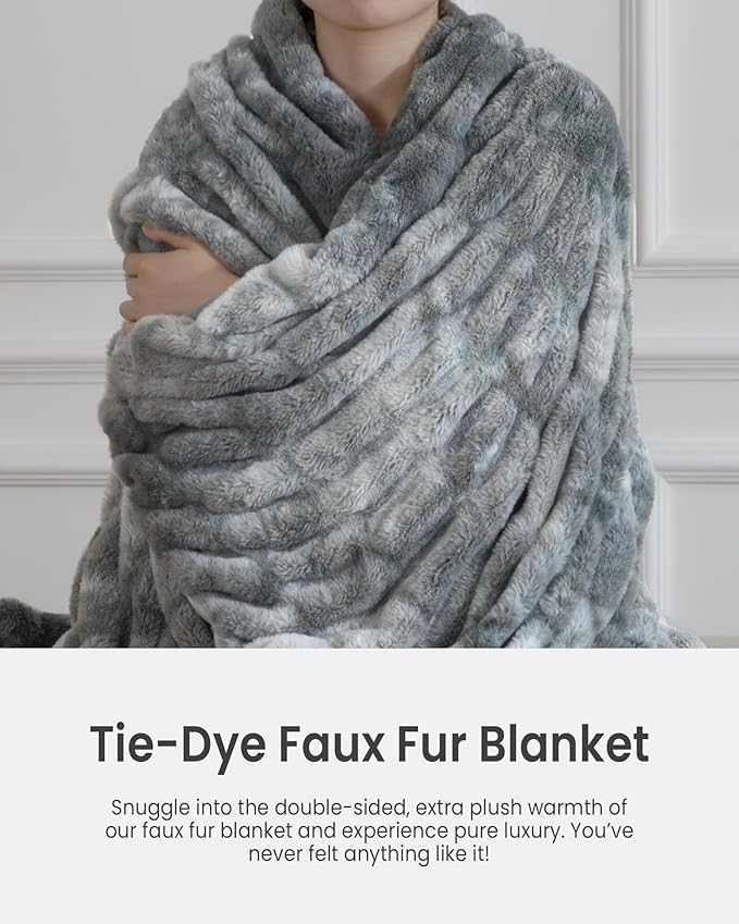 Ultra Soft Faux Rabbit Fur Throw Blanket, Cozy Fuzzy Blanket for Couch Bed, Plush Warm Decor Gifts, Luxury Thick Fluffy Blanket for Women, 60x80 inches, Tie-Dyed in Gray