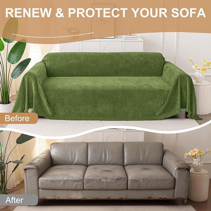 Smiry Couch Cover for Dogs, Washable Chenille Sofa Covers for 3 Cushion Couch, Soft Sofa Slipcover for Pets, Thick Sectional Furniture Protector with Tassels (Green, 71x150 Inch)
