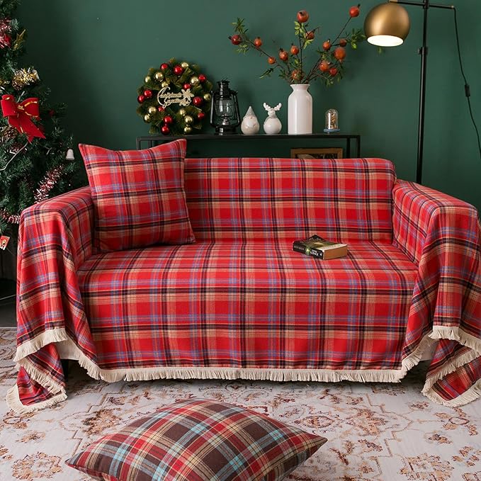 HANDONTIME Red Plaid Couch Cover Christmas Decorations, Sofa Cover for Couches Buffalo Check Sectional Couches Covers for Dogs Cats Red and Black Grid 3 Seater Cover Couch Cushion Covers, 71"x 134"