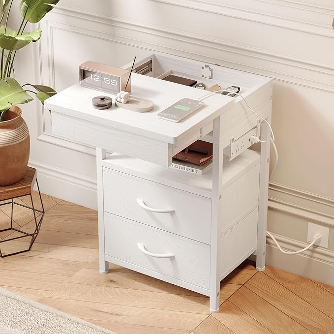 Nightstand Bedside Table Hidden Drawer - Night Stand with Charging Station and Sliding Top Storage, Bed Side Table with 2 Fabric Drawers, Modern Nightstand for Bedroom Dorm Living Room, White
