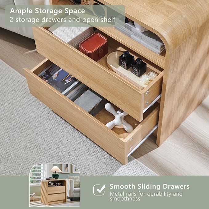 25" Tall Modern Nightstand Set of 2, 23.6'' Wide Wood Bedside Table w/2 Storage Drawers, Charging Station, Mid Century End Table for Bedroom, Living Room,Curved Profile Design, Natural Oak | Modern, Set of 2, Bedside Table, 2 Storage Drawers, Charging ...