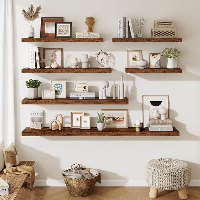 Fun Memories Floating Shelves Set of 2, 40 Inch Long Wooden Wall Shelves, 10 Inch Deep Wall Mounted Storage Shelf with Metal Brackets for Living Room, Bathroom, Bedroom and Kitchen, Rustic Brown