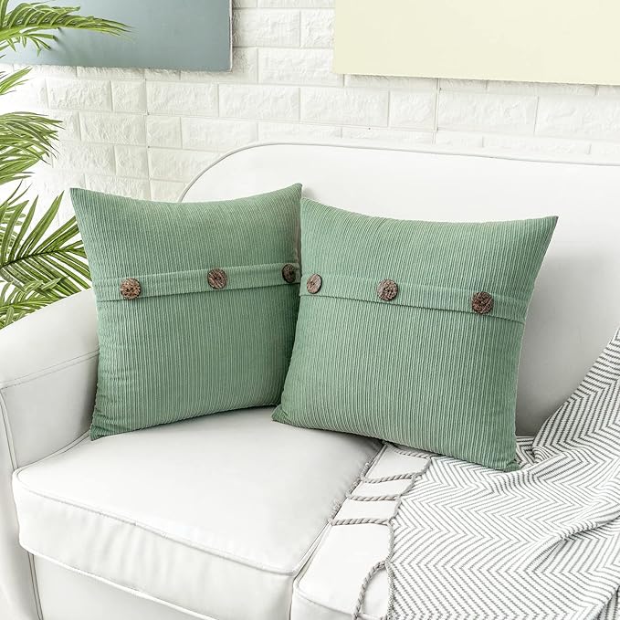 HWY 50 Sage Green Chenille Throw Pillow Covers 20x20 Inch with Triple Buttons, Soft Spring Farmhouse Accent Decorative Cushion Cases for Couch Sofa Bed Living Room Pack of 2