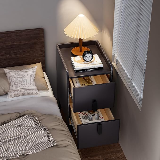 VICITON Narrow Nightstand with 2 Drawers, Narrow Side Table Leather Surface, Slim Bedside Table for Bedrooms, Study, Living Rooms, Small Space (Dark Gray, 15.7" D x 11.8" W x 22.4" H)