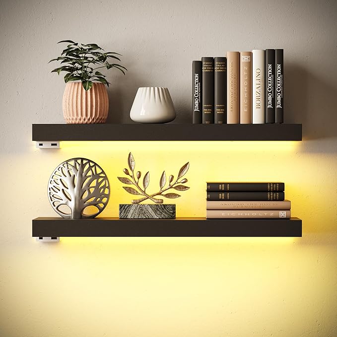 BAMEOS Floating Shelves with LED, 24" W x 6" D Display Wall Shelf, Decor Wall Mounted Shelves, Set of 2, Hanging Shelf for Bathroom Kitchen Living Room Bedroom Storage,Black