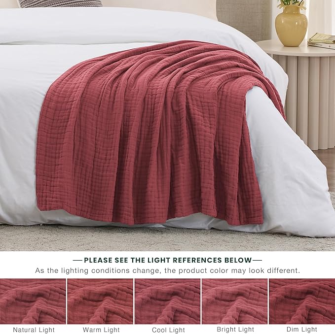 Love's cabin 100% Cotton Muslin Blanket, 6 Layer Lightweight Breathable Gauze Throw Blanket 50 x 60 Inches, Soft All Season Blanket for Couch, Bed, Sofa, Wine Red