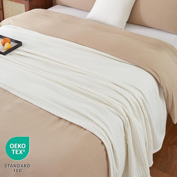 PHF Lightweight Waffle Weave Blanket King Size, Breathable & Ultra Soft, 104"x 90" Soft & Cozy Thin Blanket for All Season & Hot Sleepers, Bed, Home Decor - Coconut White