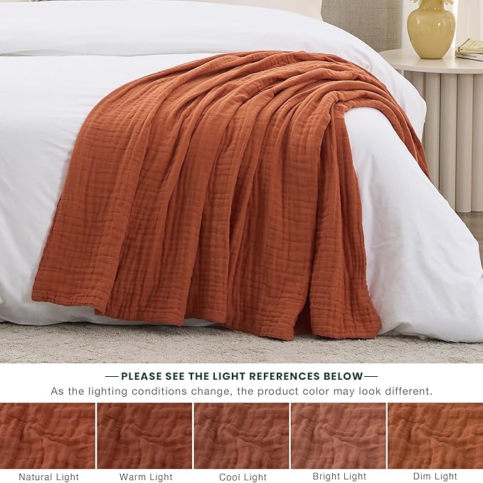 Love's cabin 100% Cotton Muslin Blanket, 6 Layer Lightweight Breathable Gauze Throw Blanket 50 x 60 Inches, Soft All Season Blanket for Couch, Bed, Sofa, Orange