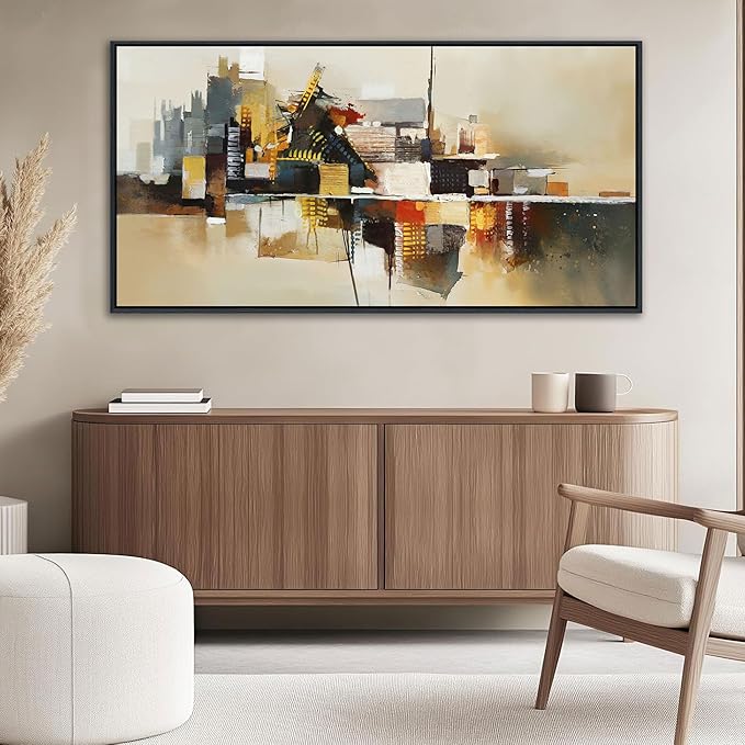 Yellow Abstract Wall Art for Living Room - Modern Wall Art - Framed Large Wall Decor - Canvas Pictures for Bedroom, Office, Above Bed - Contemporary Artwork for Home Decor 24×48IN