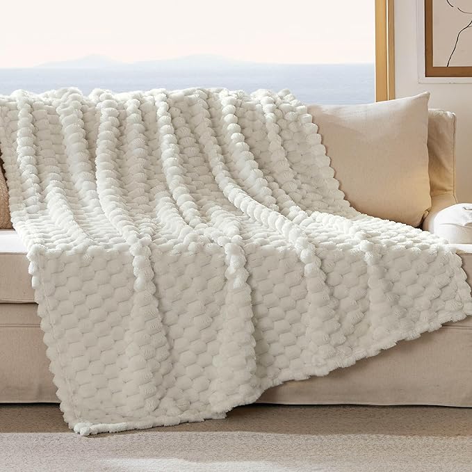 Bedsure Large Throw Blanket for Couch - 350GSM Fluffy Plush Bubble Blanket for Bed Home Room Decor, GentleSoft Cute Fleece Soft Cozy Gifts for Women Girls, Off White, 50x70 Inches